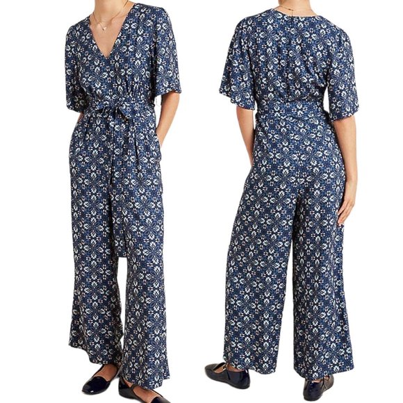 Anthropologie LAIA Norma Wide Leg Tie Waist Jumpsuit in Blue Floral Motif Print - Picture 1 of 17